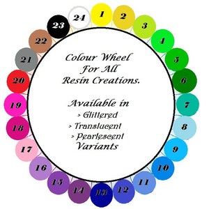 May include: A color wheel with 24 different colors, labeled with numbers 1 through 24. The colors are arranged in a circle, with the primary colors red, yellow, and blue at the top. The text "Colour Wheel For All Resin Creations." is in the center of the wheel. The text "Available in > Glittered > Translucent > Pearlescent Variants" is below the wheel.