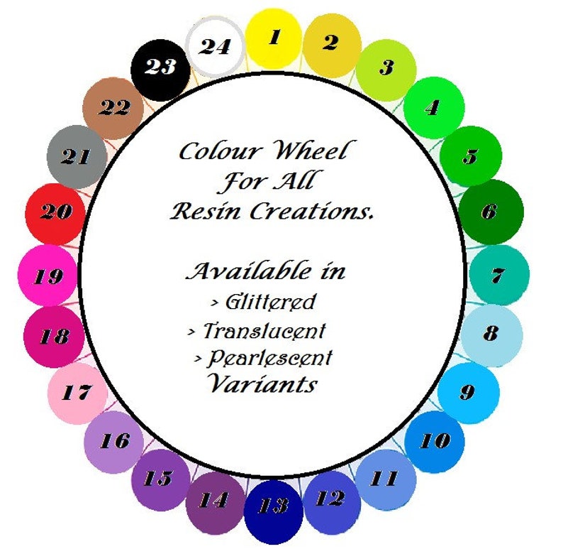 May include: A color wheel with 24 different colors, labeled with numbers 1 through 24. The colors are arranged in a circle, with the primary colors red, yellow, and blue at the top. The text "Colour Wheel For All Resin Creations." is in the center of the wheel. The text "Available in > Glittered > Translucent > Pearlescent Variants" is below the wheel.