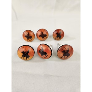 May include: A set of six round cabinet knobs featuring a warm orange and red gradient background with a black silhouette of a cowboy on horseback holding a lasso. Each knob has a smooth, circular face and a metal screw attachment on the back.