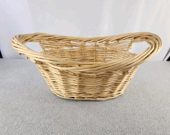 Vtg Wicker Laundry Basket Hand Woven Cane Oval With Handles Photography Prop