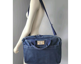 Vtg Lands End Square Rigger Denim Blue Bag Canvas Briefcase Laptop Crossbody USA