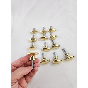 May include: A collection of eleven oval-shaped brass cabinet knobs, each featuring a polished gold-tone finish and a threaded metal screw extending from the base. The knobs have a smooth, rounded top surface and a tapered neck connecting to the screw.