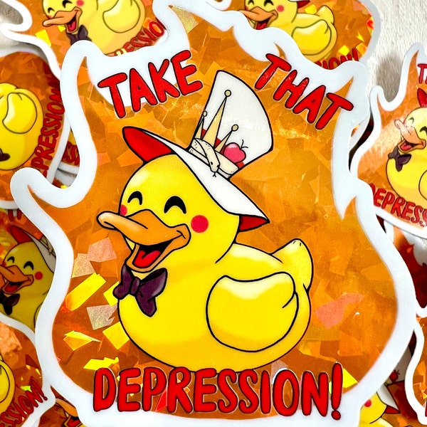 Hazbin Hotel Lucifer Duck "Take That Depression!" prismatic sticker