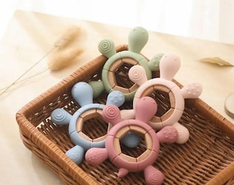 Gepersonaliseerde schildpad bijtring houten en food-grade siliconen babyspeelgoed