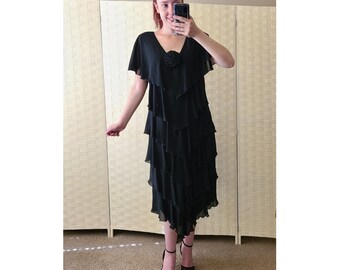 Vintage Women's ANN HOBBS For CATTIVA Black Layered Tiered Ruffle Shift Party 20s Style Cocktail Dress