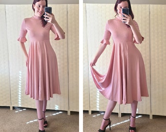 Dusty Rose Pink Turtleneck Swing Dress Long Elbow Sleeve A-Line Elegant Knee Length Dress Size Small