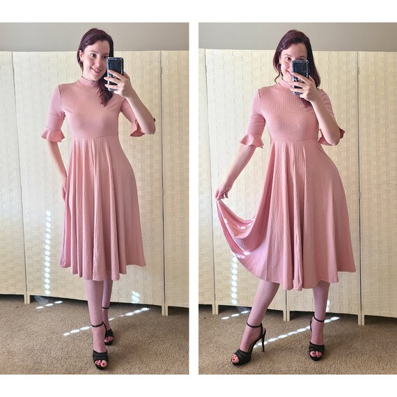 Dusty Rose Pink Turtleneck Swing Dress Long Elbow… - image 1