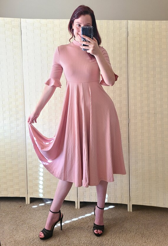 Dusty Rose Pink Turtleneck Swing Dress Long Elbow… - image 8