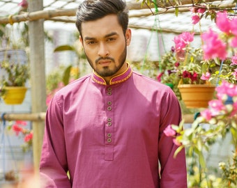 Embroidered Cotton Kurta in Purple