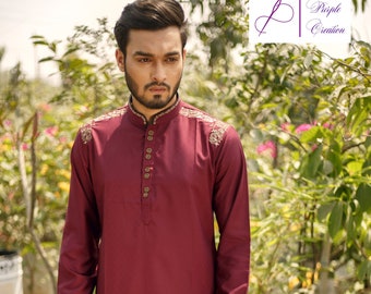 Embroidered Cotton Kurta in Red