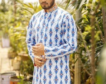 Embroidered Cotton Kurta in Blue and White