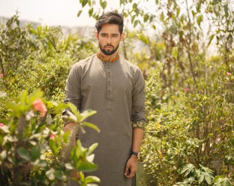 Embroidered Cotton Kurta in Dark Olive