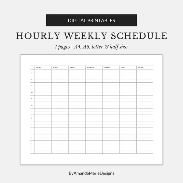 Hourly Weekly Schedule Printable, Desk Week at a Glance, Landscape Weekly Agenda, Horizontal Planner Insert Refill, A4/A5/Half/Letter Size