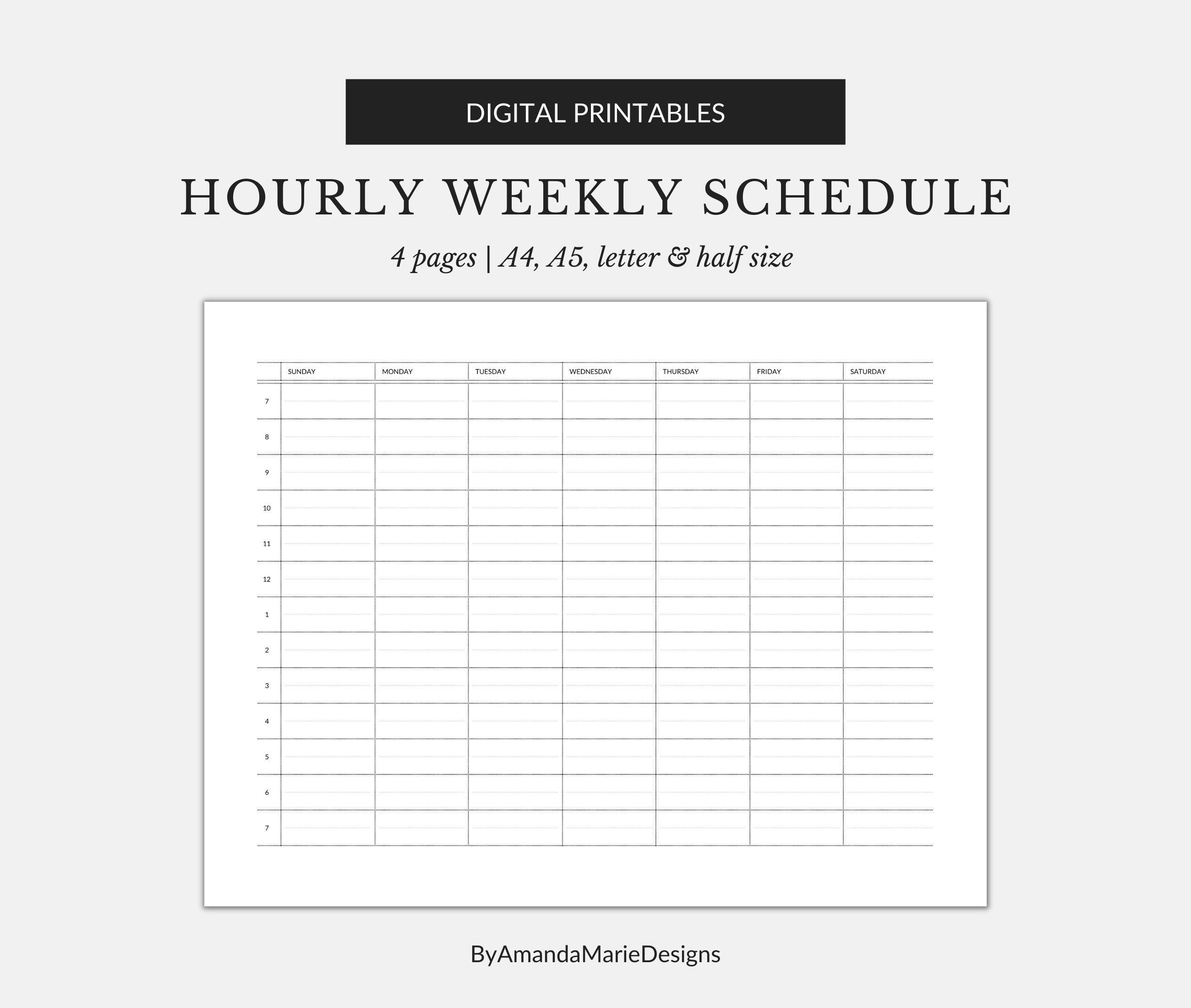 Hourly Weekly Schedule Printable Desk Week at a Glance Etsy