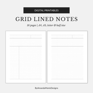 May include: Two printable pages of grid lined notes. The left page has a vertical line dividing the page into two sections. The right page is a full grid. The text at the top of the page reads "GRID LINED NOTES" and "16 pages | A4, A5, letter & half size".