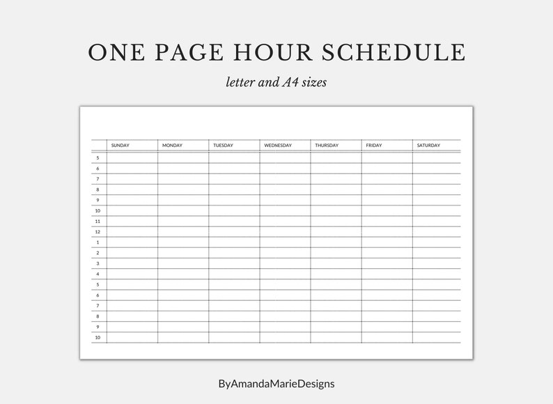 Hourly Weekly Schedule Printable Desk Week at a Glance Etsy