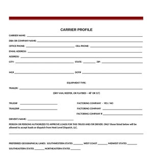Könnte beinhalten: Ein Spediteur-Profilformular mit Feldern für den Spediteur-Namen, den DBA- oder Firmennamen, die Telefonnummer des Büros, die E-Mail-Adresse, die Adresse, die Stadt, das Bundesland, die Postleitzahl, die MC#, die DOT#, den Anhänger, den Gerätetyp, die LKW-Nummer, die Anhänger-Nummer, den Fahrernamen, die Factoring-Firma, die bevorzugten geografischen Korridore, den Mindestkilometerpreis und die maximale Ladekapazität.