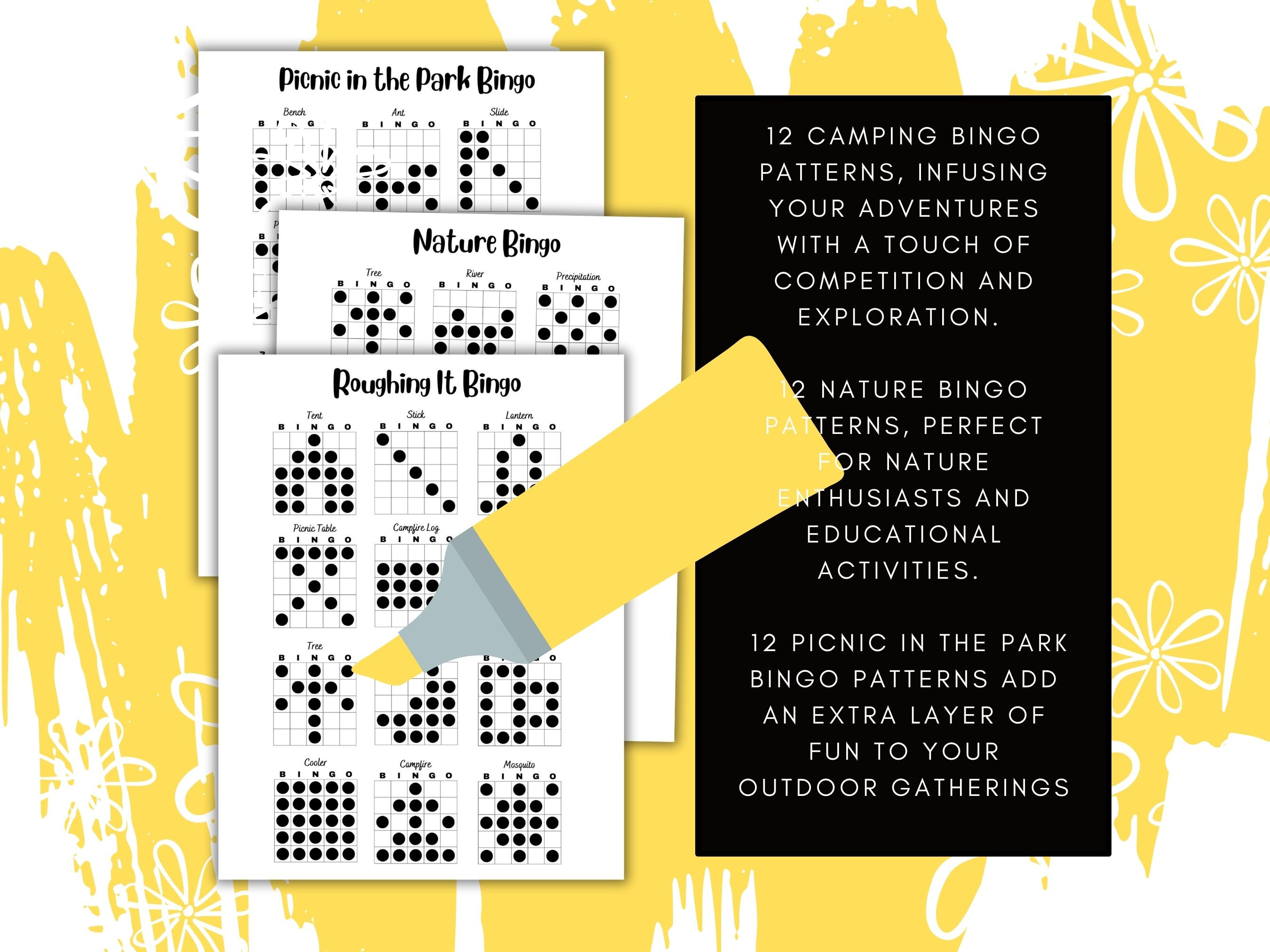 Bingo Patterns Outdoor Bingo Picnic, Roughing It, Nature Three Pages of
