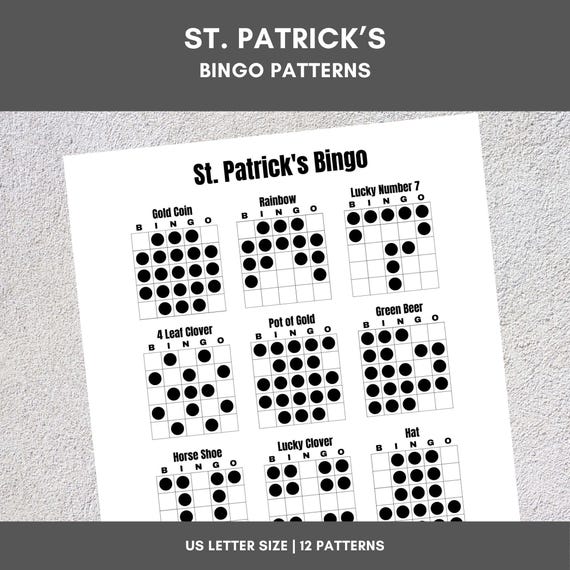 Printable Bingo Patterns | St. Patrick's Bingo | 12 Fun Patterns | Party, Event, Classroom, Fundraiser, Family, Tournament, Game Board