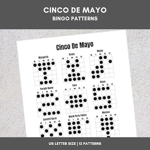 Printable Bingo Patterns | Cinco De Mayo Bingo | 12 Fun Patterns | Party, Event, Classroom, Fundraiser, Family, Tournament, Game Board