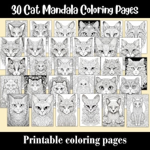 Cat Mandala Coloring Pages: 30 Printable Feline Designs (8.5x11) (Printable PDF)
