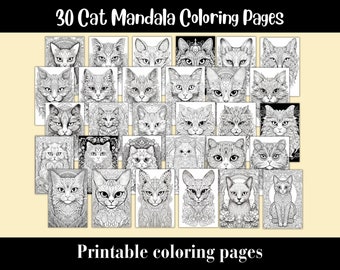 Cat Mandala Coloring Pages: 30 Printable Feline Designs (8.5x11) (Printable PDF)