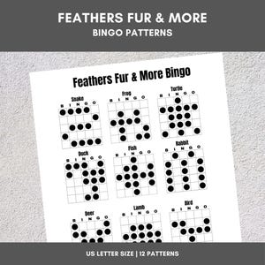 Printable Bingo Patterns | Feathers Fur & More Bingo | 12 Fun Patterns | Party, Event, Classroom, Fundraiser, Family, Tournament, Game Board