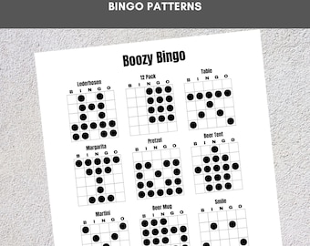 Printable Bingo Patterns | Boozy Bingo | 12 Fun Patterns | Party, Event, Classroom, Fundraiser, Family, Tournament, Game Board