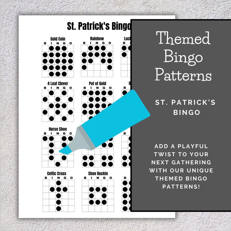 Printable Bingo Patterns | St. Patrick's Bingo | 12 Fun Patterns | Party, Event, Classroom, Fundraiser, Family, Tournament, Game Board image 2