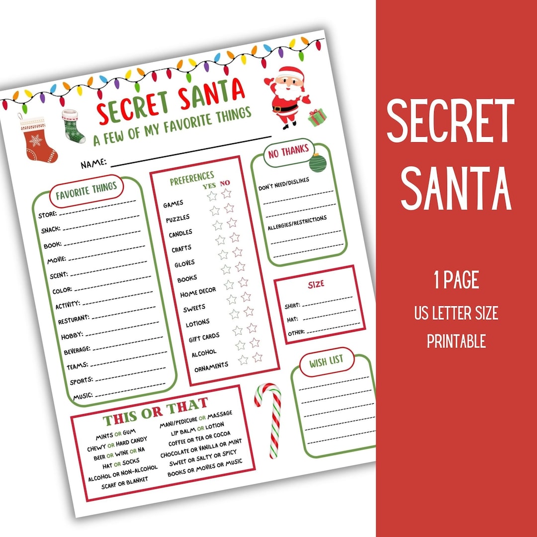 Secret Santa Questionnaire Holiday Gift Exchange Secret Etsy