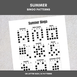 Modèles de bingo imprimables | Bingo d'été | 12 motifs amusants | Fête, événement, salle de classe, collecte de fonds, famille, tournoi, jeu de société