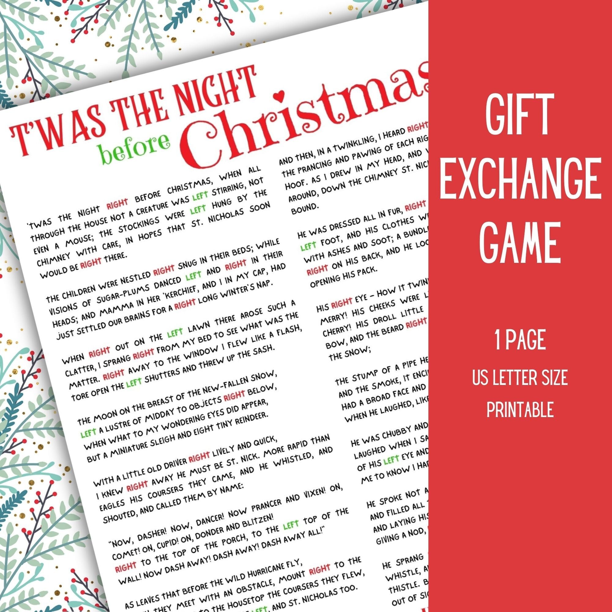 Gift Exchange Game Printable | Twas the Night Before Christmas Gift Game | Left Right Christmas Gift Exchange Game | Holiday Party Game - Etsy for Twas The Night Before Christmas Left Right Game Free Printable