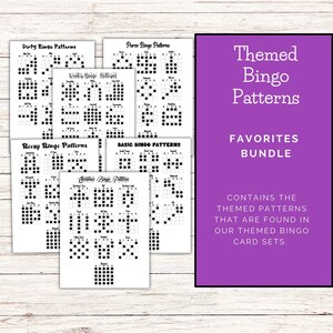 Bingo Patterns Favorites Bundle - Themed Bingo Patterns (Basic, Boozy, Dirty, Purse, Winter, Christmas), 6 pages, 10 patterns each, 60 total