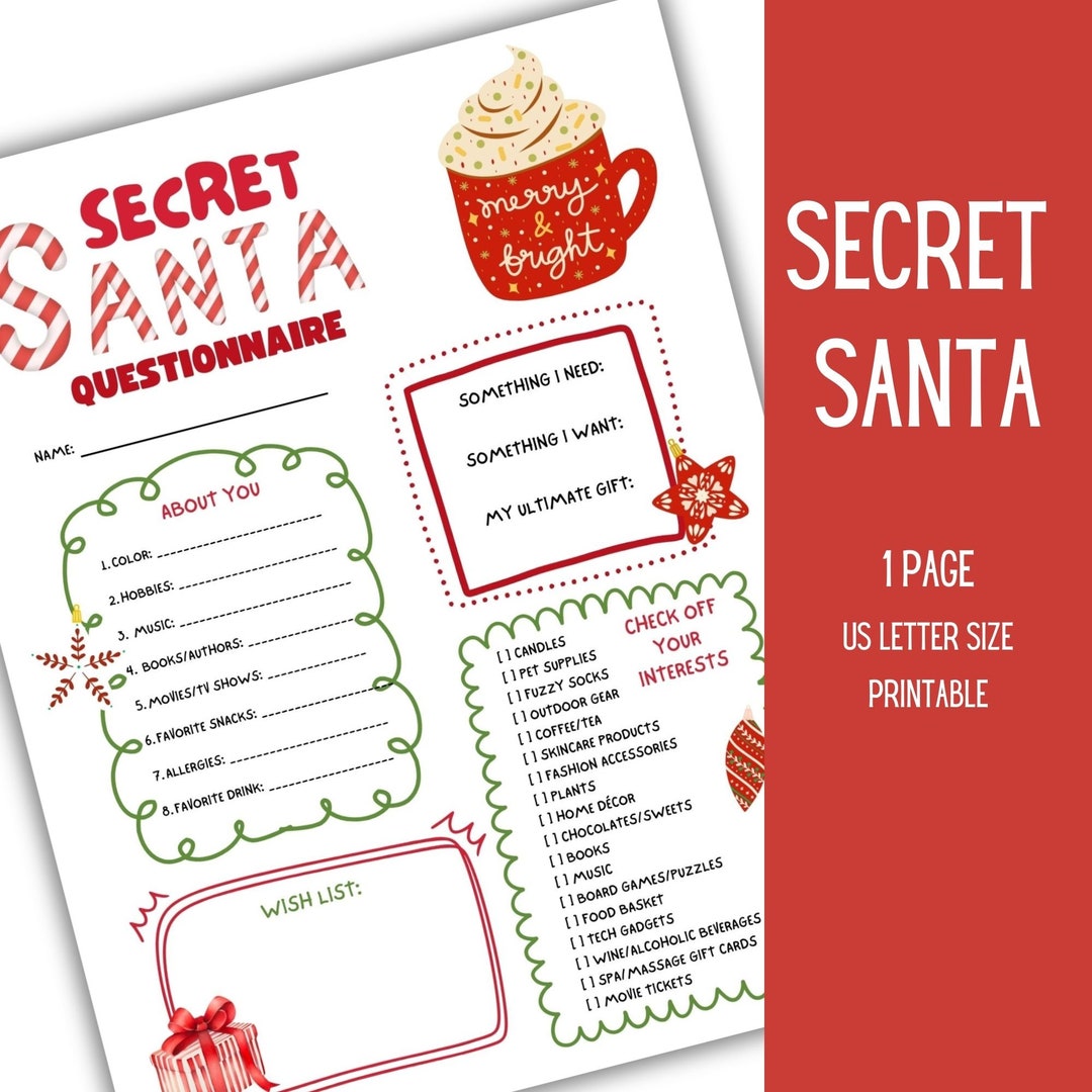 Secret Santa Questionnaire Holiday Gift Exchange Secret Etsy UK