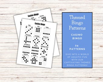 May include: Two sheets of Casino Bingo game cards with various patterns, and a blue sign that says "Themed Bingo Patterns". The sign also says "Casino Bingo" and "24 Patterns".