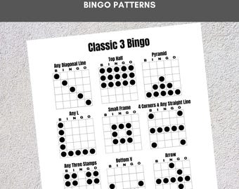 Printable Bingo Patterns | Classic 3 Bingo | 12 Fun Patterns | Party, Event, Classroom, Fundraiser, Family, Tournament, Game Board