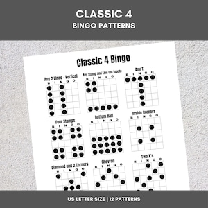 Druckbare Bingo Muster | Klassiker 4 Bingo | 12 lustige Muster | Party, Event, Klassenzimmer, Benefizveranstaltung, Familie, Turnier, Spielbrett