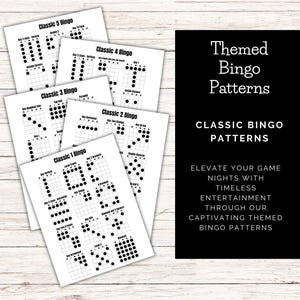 Könnte beinhalten: Mehrere weiße Bingo-Karten mit schwarzen Punktmustern und dem Text "Classic Bingo Patterns". Auf einem schwarzen Schild steht "Themed Bingo Patterns".