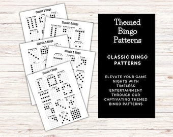 May include: A collection of white bingo cards featuring black dot patterns, with the text "Classic Bingo Patterns." A black sign on the right says "Themed Bingo Patterns."