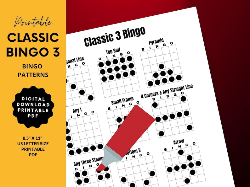 Printable Bingo Patterns | Classic 3 Bingo | 12 Fun Patterns | Party ...