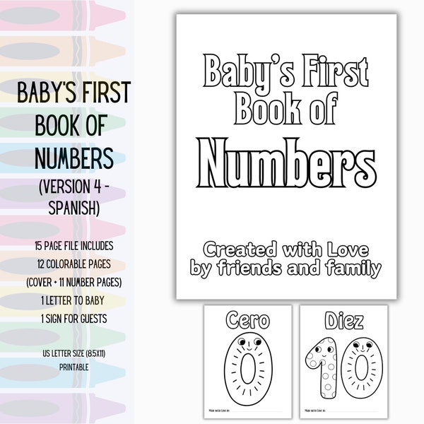 Baby's First Book of Numbers | Baby Shower Coloring Book Sheet Pages Activity | PDF Printable Download | Number Coloring Memories, Guestbook