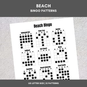 Modèles de bingo imprimables | Bingo de plage | 12 motifs amusants | Fête, événement, salle de classe, collecte de fonds, famille, tournoi, jeu de société