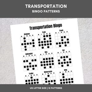 Modèles de bingo imprimables | Bingo des transports | 12 motifs amusants | Fête, événement, salle de classe, collecte de fonds, famille, tournoi, jeu de société