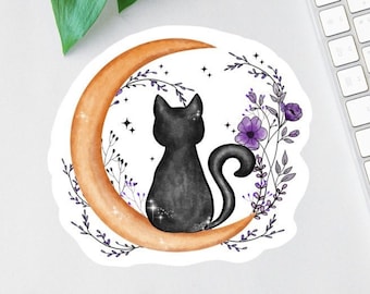 Floral Cat Sticker, Cat And Moon Magnet, Black Cat Decal, Halloween Cat, Cat Lover Sticker, Cat Mom Gift, Water Bottle Label, Car Decal