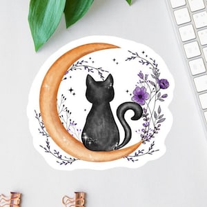 Floral Cat Sticker, Cat And Moon Magnet, Black Cat Decal, Halloween Cat, Cat Lover Sticker, Cat Mom Gift, Water Bottle Label, Car Decal