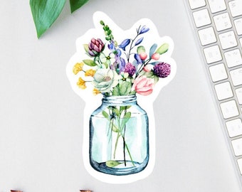 Pegatina de flor para tarro de cristal, etiqueta de acuarela, pegatina transparente para portátil, imán floral, calcomanía para botella de agua, minietiqueta, troquelada, calcomanía para coche