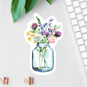 Flower Mason Jar Sticker, Watercolor Flower Label, Clear Laptop Sticker, Floral Magnet, Water Bottle Decal, Mini Label, Die Cut, Car Decal