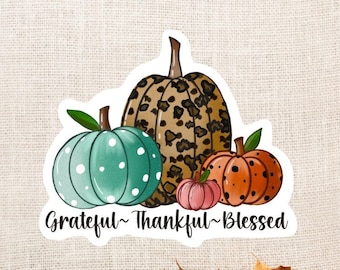 May include: A sticker with three pumpkins, one with a leopard print, one with teal polka dots, and one with orange polka dots. The text "Grateful~Thankful~Blessed" is below the pumpkins.