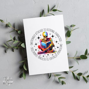 Cartão com apego emocional a personagens fictícios, cartão para o Dia das Mães, leitura de esqueleto, cartão com livro engraçado, presente de livro, cartão comemorativo literário