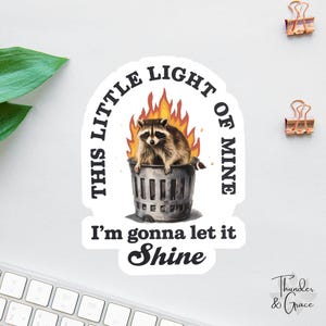 Questa mia piccola luce, la lascerò brillare, adesivo procione cassonetto in fiamme, adesivo ansia, adesivo sarcastico, adesivo divertente per laptop,
